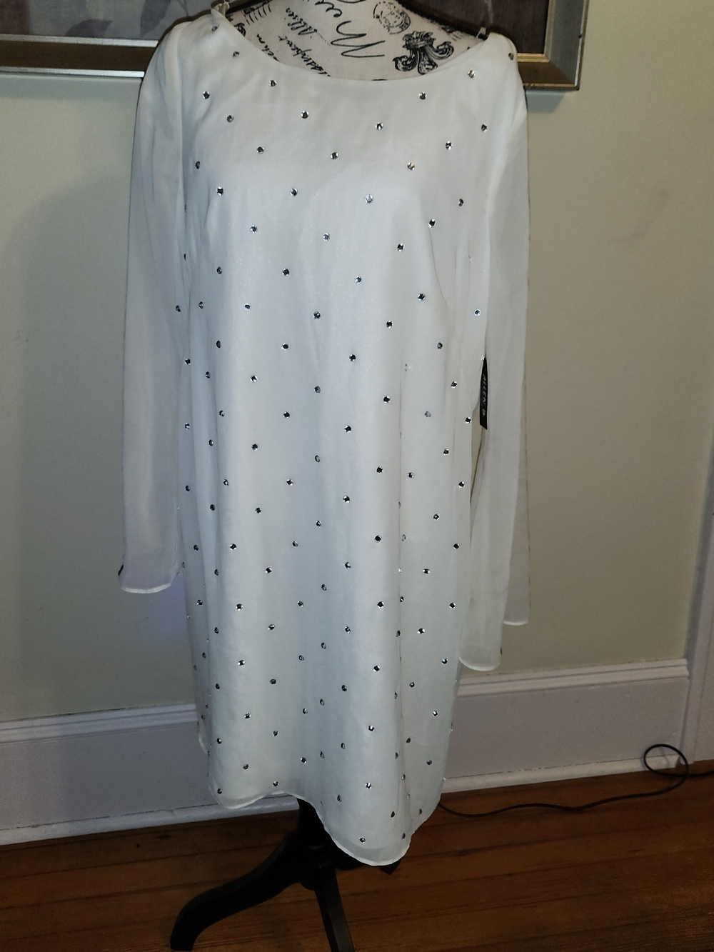 Allen B. White/Ivory Long Sleeve Embellished Shift Dress